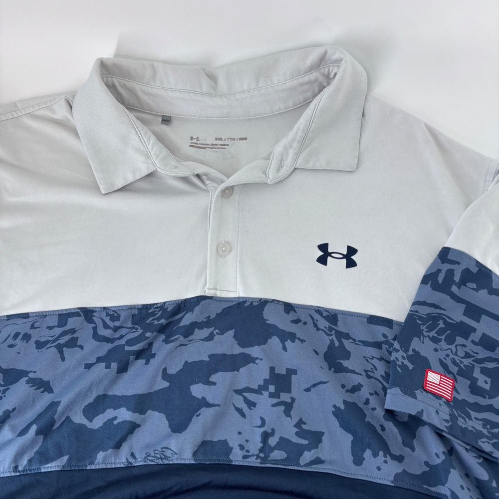 Under‎ Armour Freedom Polo Mens XXL Grey Navy Camo Tactical Flag Performance
